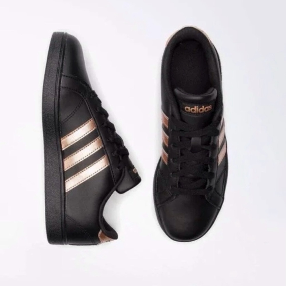 Adidas Neo Cloudfoam Black and Rose Gold Triple Stripe Sneakers 7